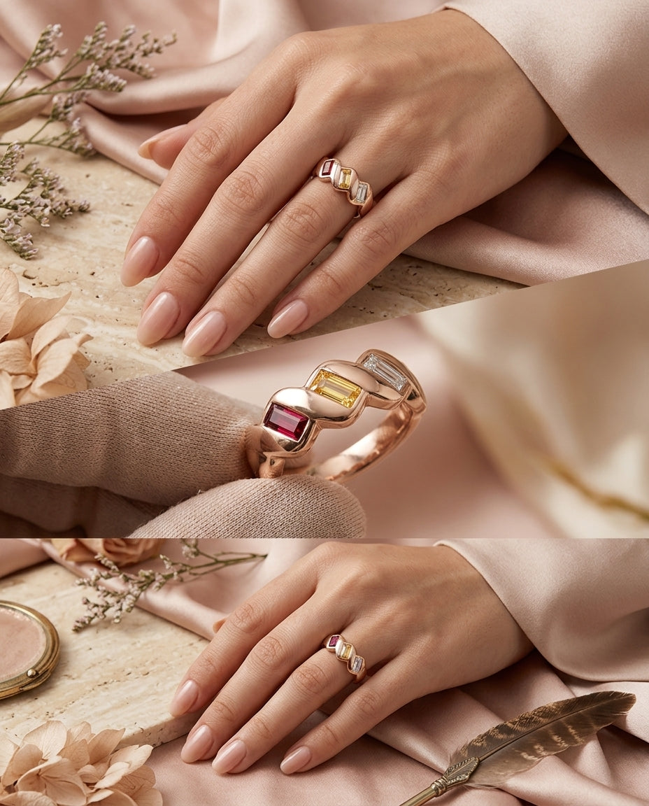 Three birthstone positions at wearable scale