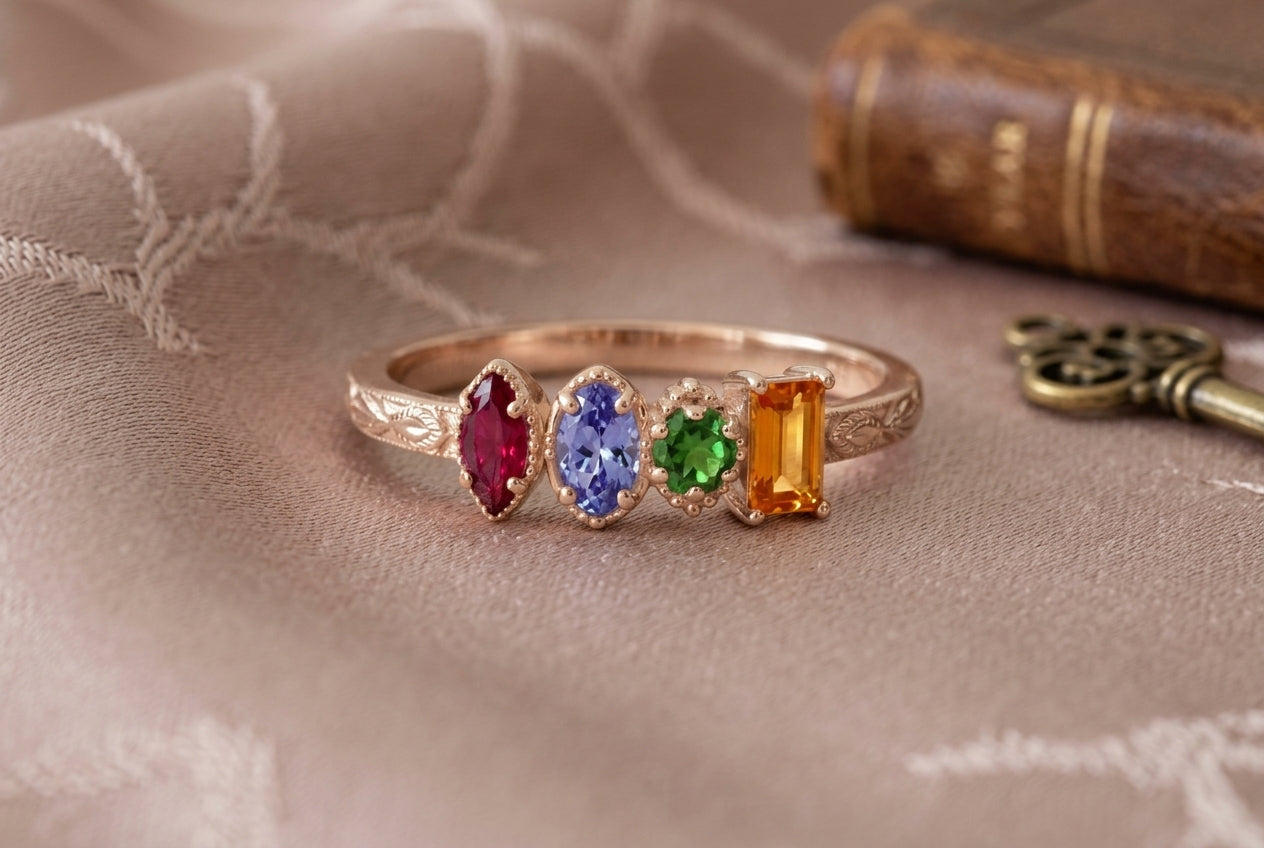 Five-stone family birthstone ring hero