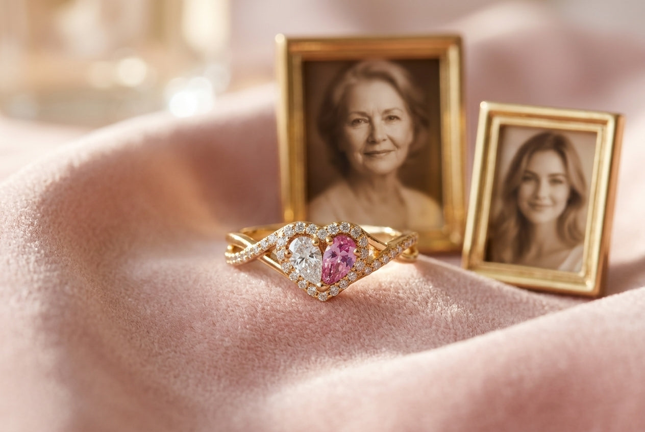 Mother-daughter two-heart birthstone ring hero