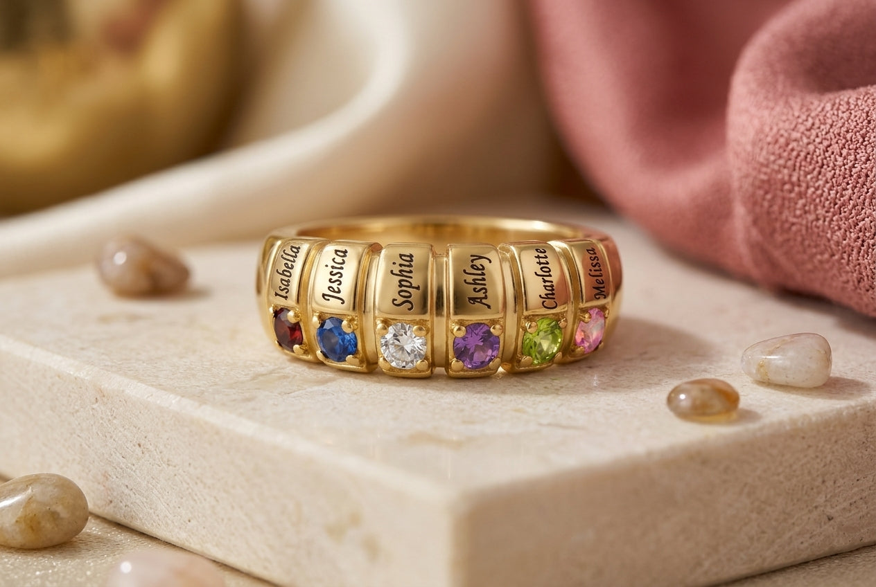 Six-stone family ring with names hero