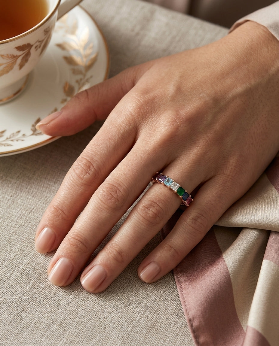 Seven-stone family ring at wearable scale
