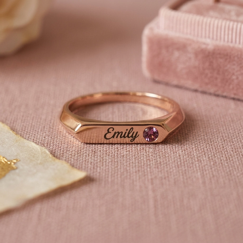 Name and birthstone signet detail