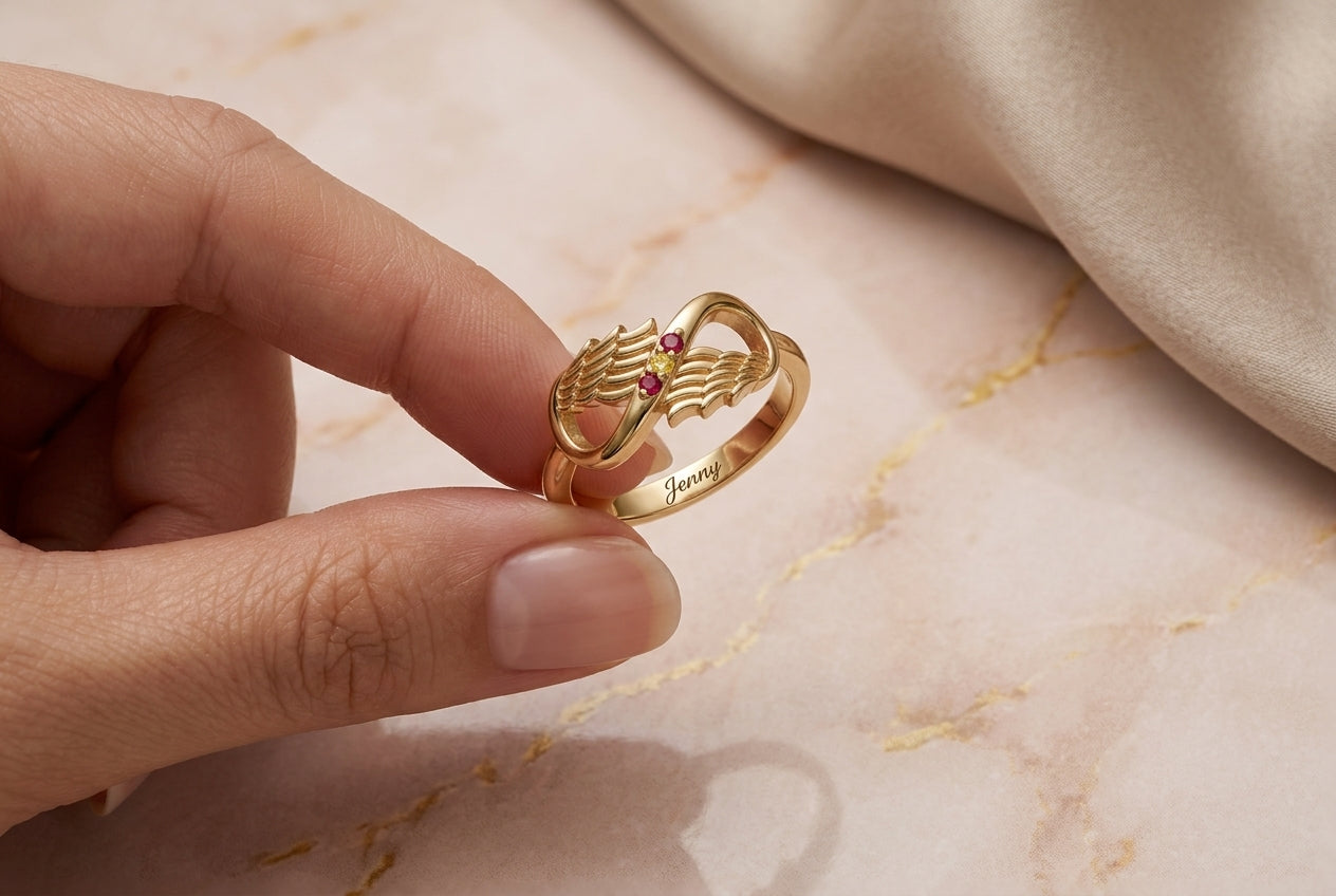 Baby memorial ring with wings and private name