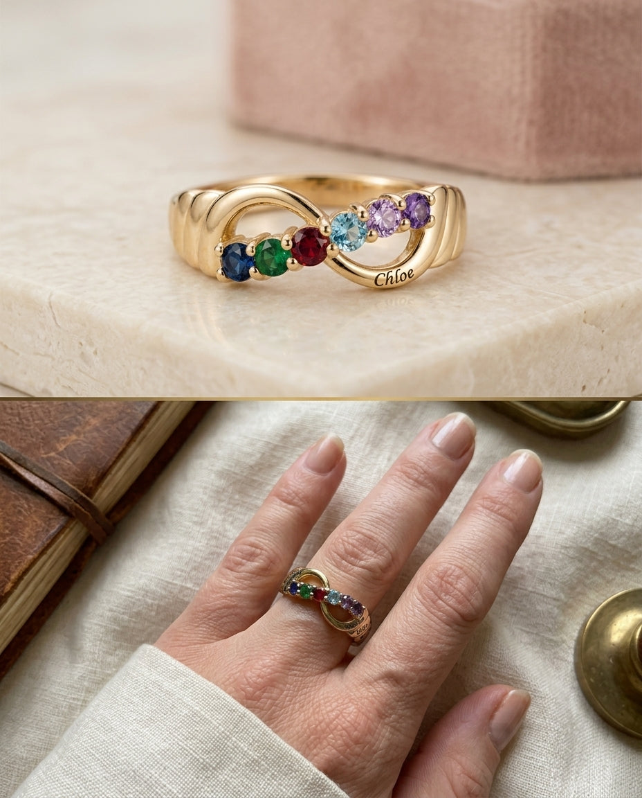 Family ring shown in studio and worn on hand