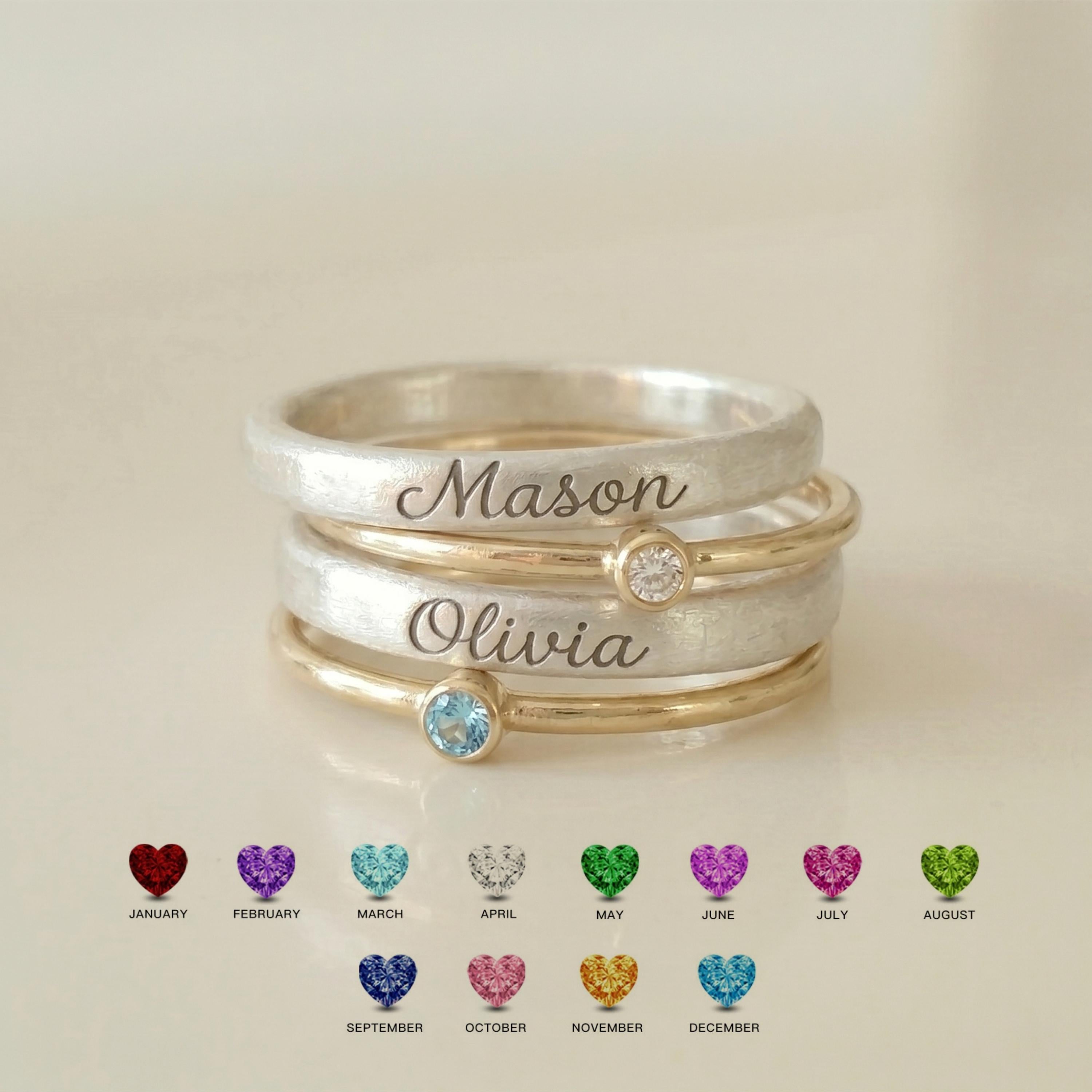 FarahBlush name and birthstone stacking ring set
