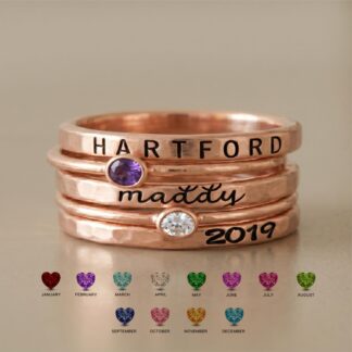 BRS013 engraved name date birthstone ring stack