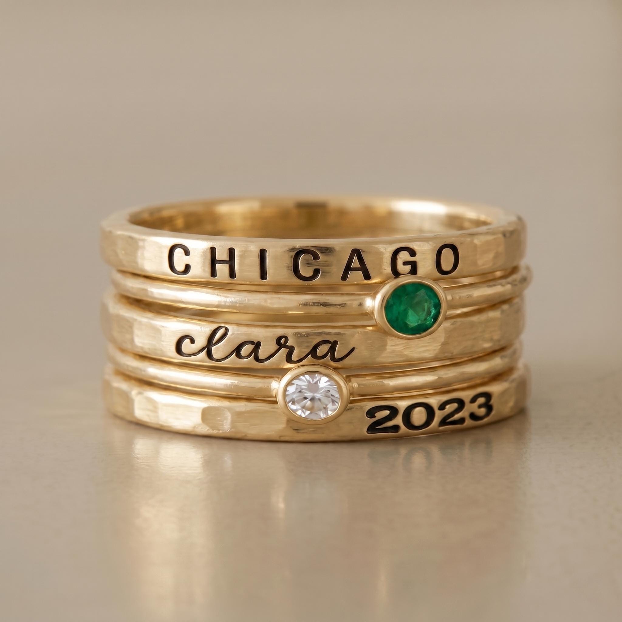 Personalized Name Birthstone Ring Stack | Custom Engraved Ring, Stackable Rings | Family Jewelry, Mothers Day Gift