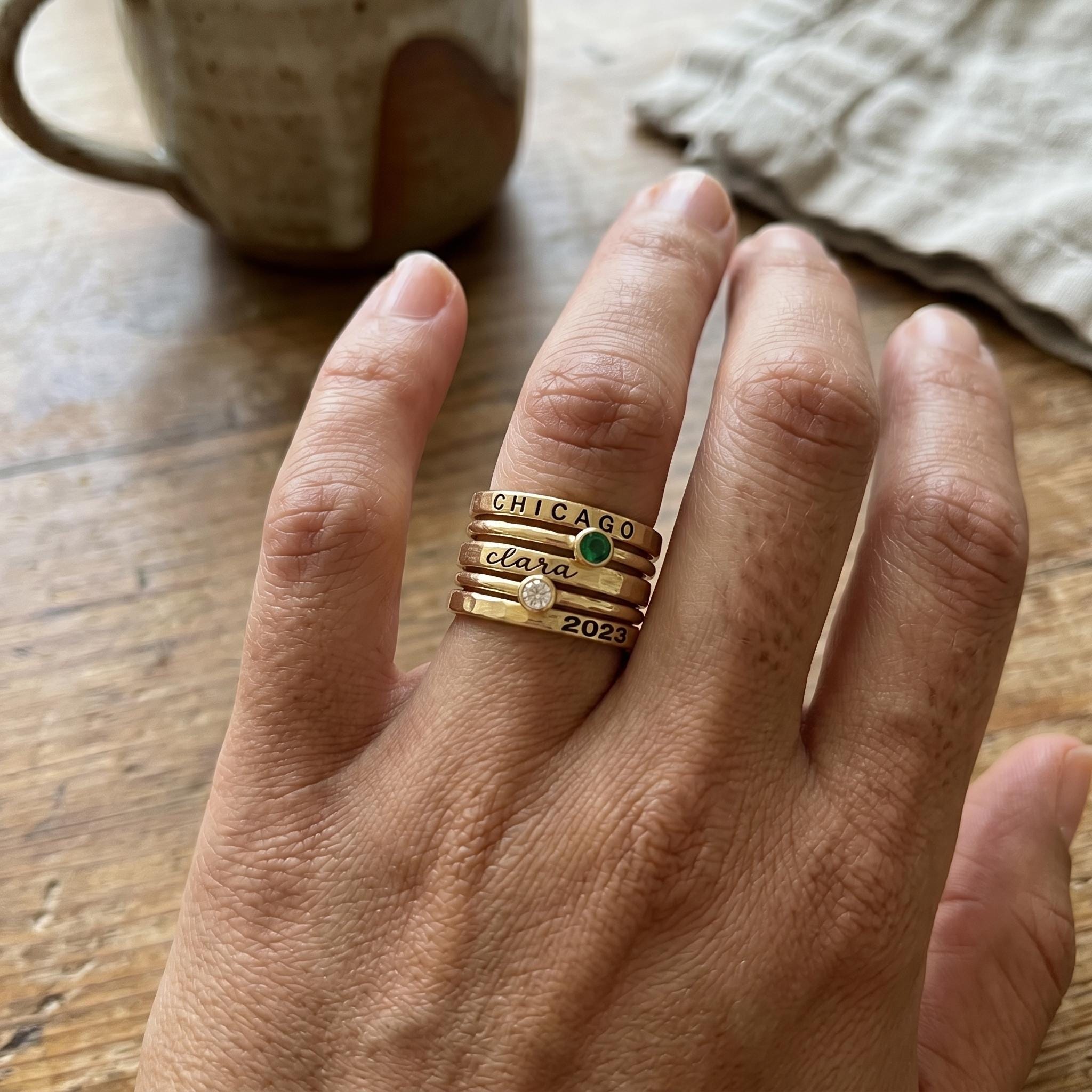 Personalized Name Birthstone Ring Stack | Custom Engraved Ring, Stackable Rings | Family Jewelry, Mothers Day Gift