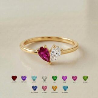 Personalized two-stone heart family birthstone ring