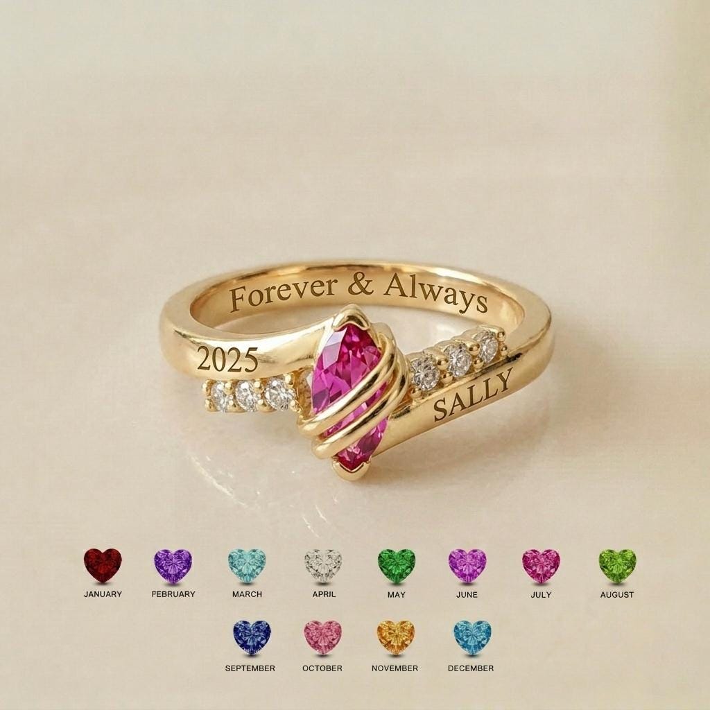 BRS024 engraved family birthstone ring
