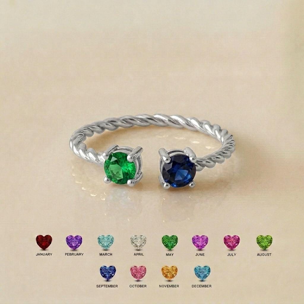Personalized Two Stone Birthstone Ring | Twisted Band for Mom and Daughter Birthstone Ring | Heartfelt Mother's Day Gift