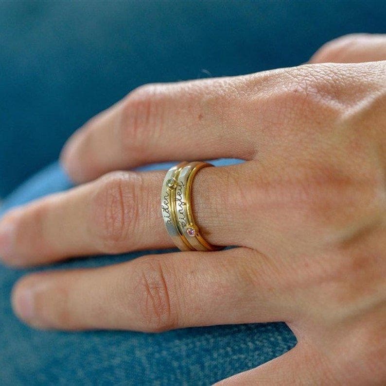 Personalized Name & Birthstone Ring Set, Custom Engraved Stacking Rings, Mom Ring Gift, Kids Name Ring, Family Jewelry, Mothe