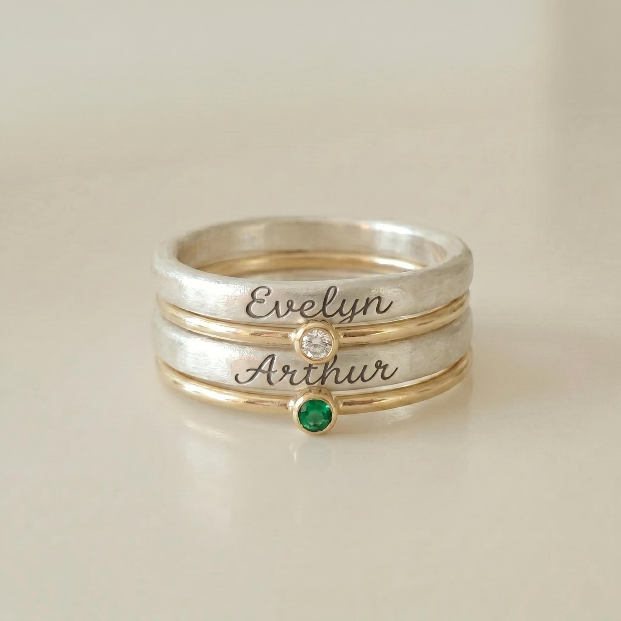 Personalized name and birthstone ring detail