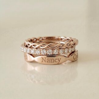 Personalized name stacking ring set with pavé accent bands
