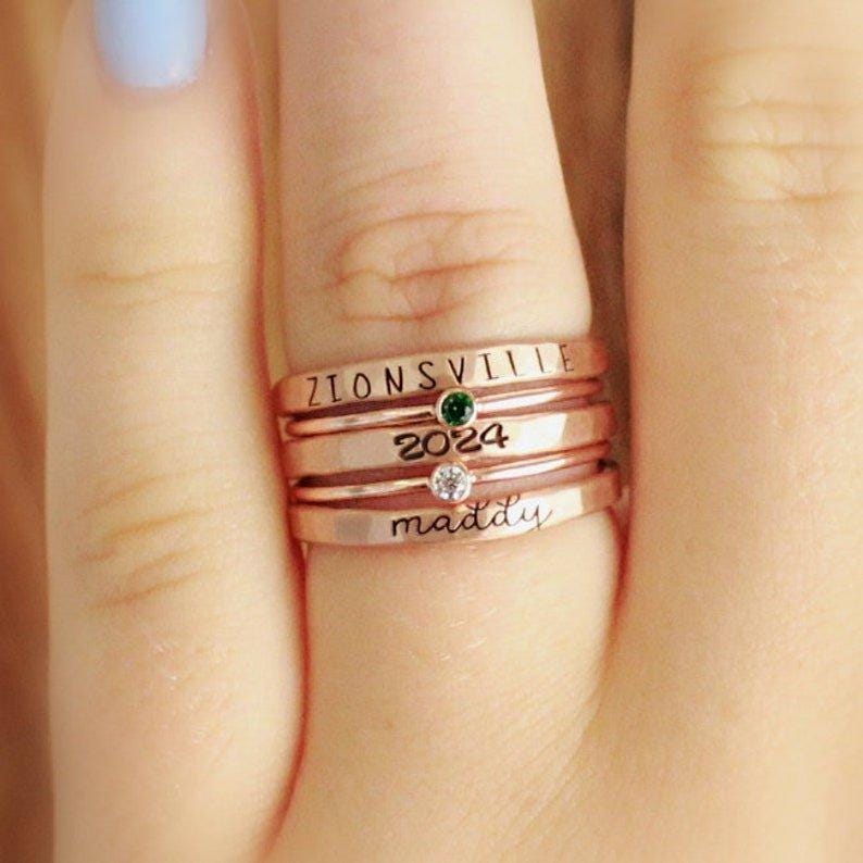 Personalized Name Birthstone Ring Stack | Custom Engraved Ring, Stackable Rings | Family Jewelry, Mothers Day Gift