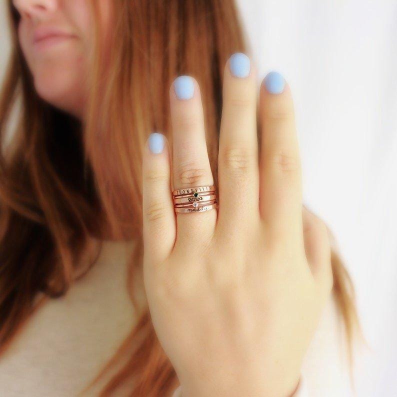 Personalized Name Birthstone Ring Stack | Custom Engraved Ring, Stackable Rings | Family Jewelry, Mothers Day Gift