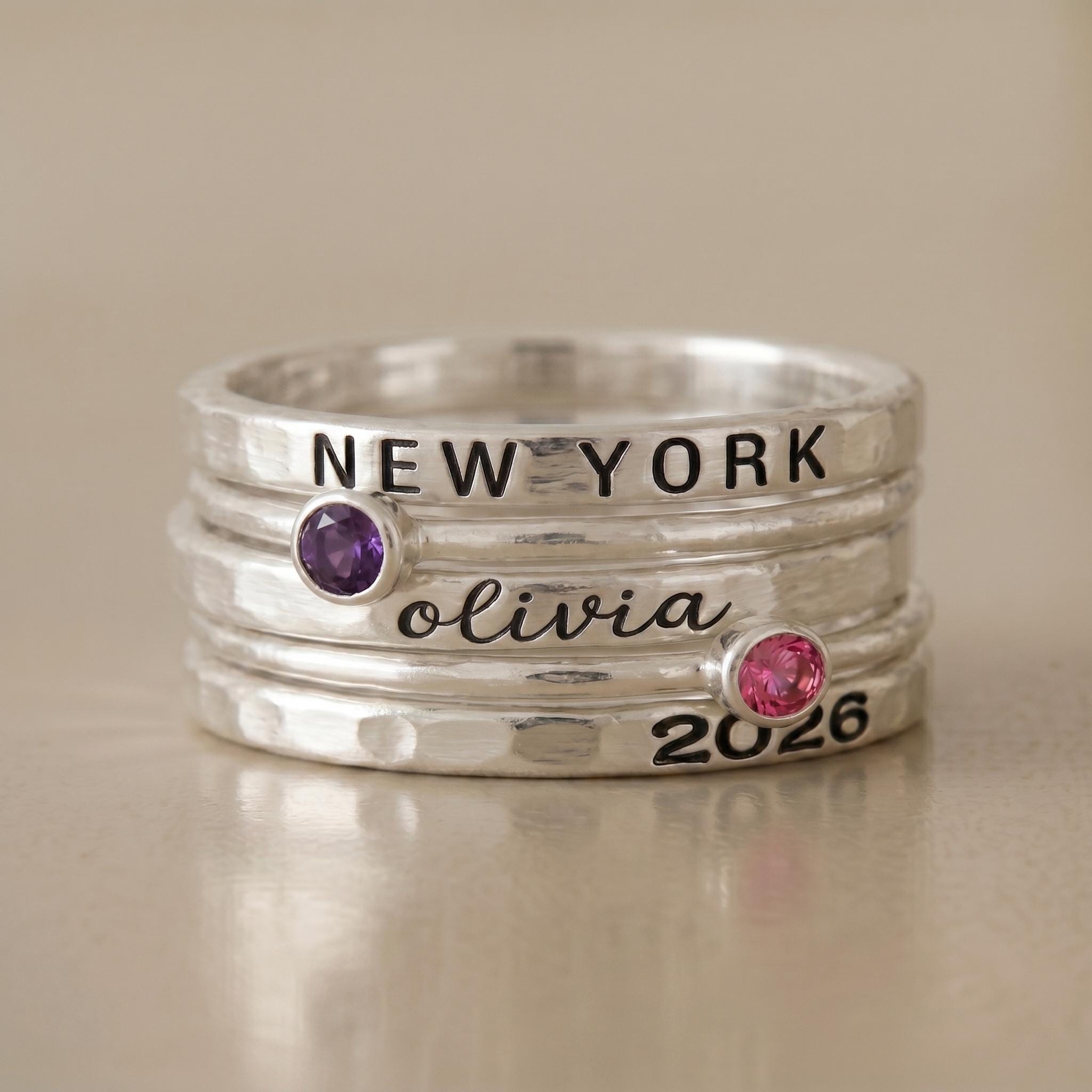 Personalized Name Birthstone Ring Stack | Custom Engraved Ring, Stackable Rings | Family Jewelry, Mothers Day Gift