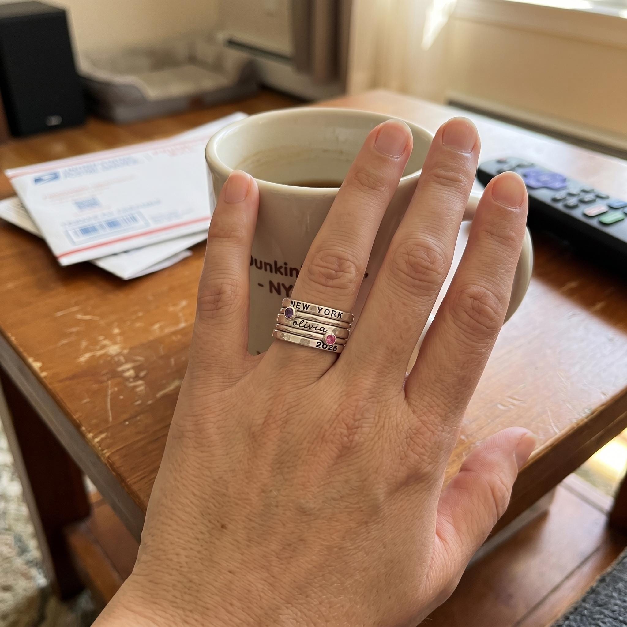 Personalized Name Birthstone Ring Stack | Custom Engraved Ring, Stackable Rings | Family Jewelry, Mothers Day Gift