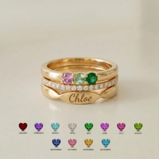 BRS003 three-piece name and birthstone ring stack