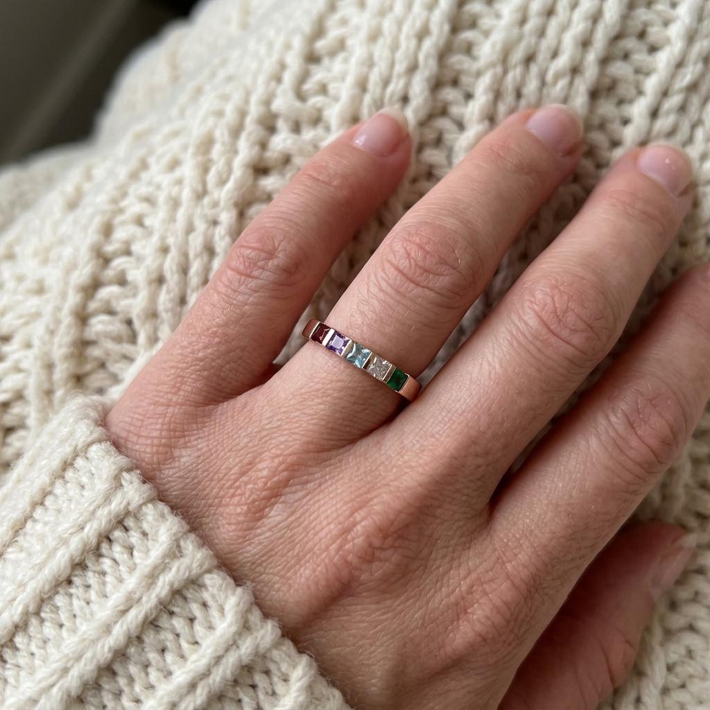 Personalized Birthstone Band Ring with Custom Color | Mothers Day Gift for Mom, Custom Family Ring | Mom and Daughter Jewelry