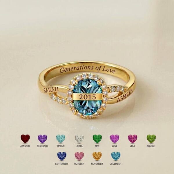 Personalized engraved family birthstone ring with names and dates