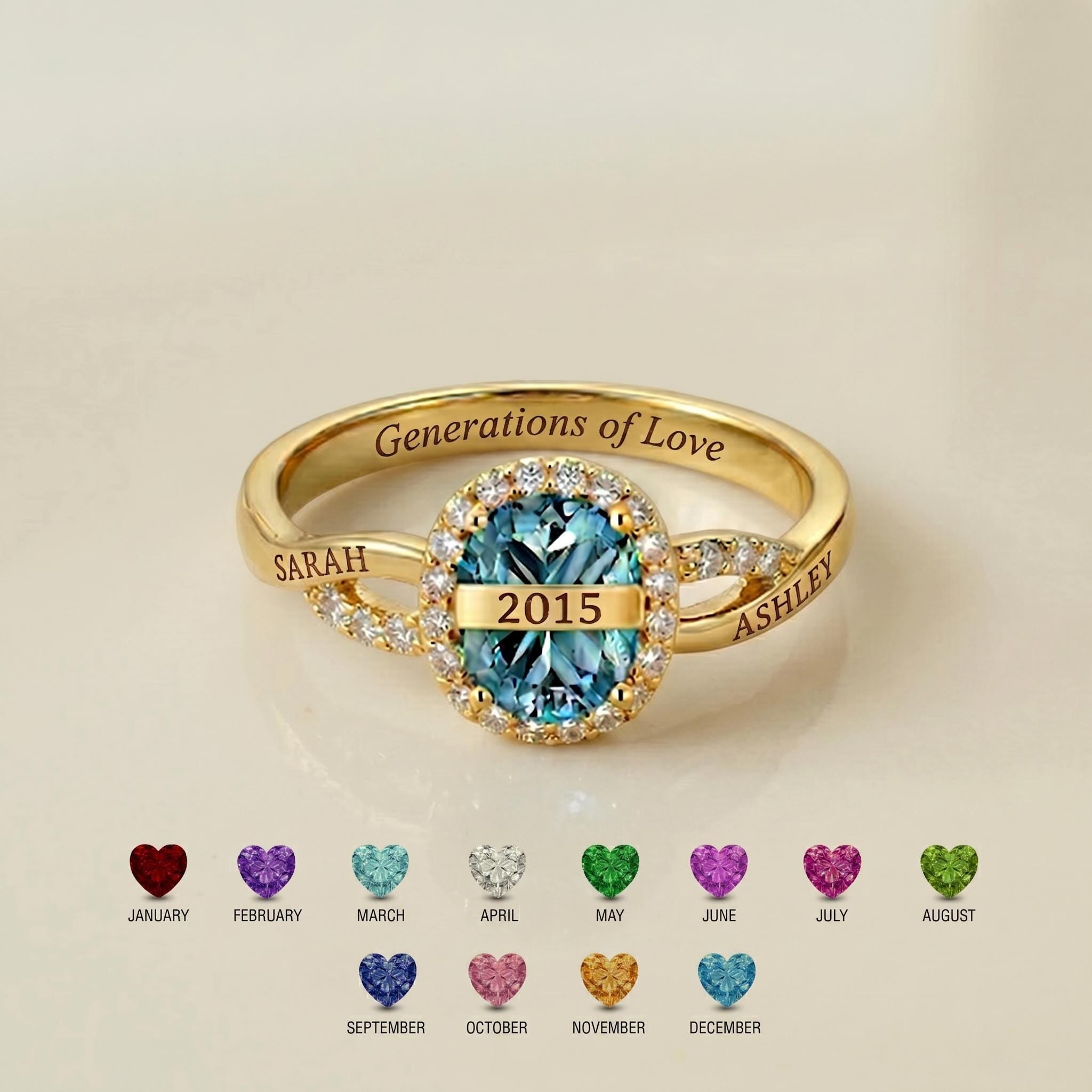 Personalized engraved family birthstone ring with names and dates