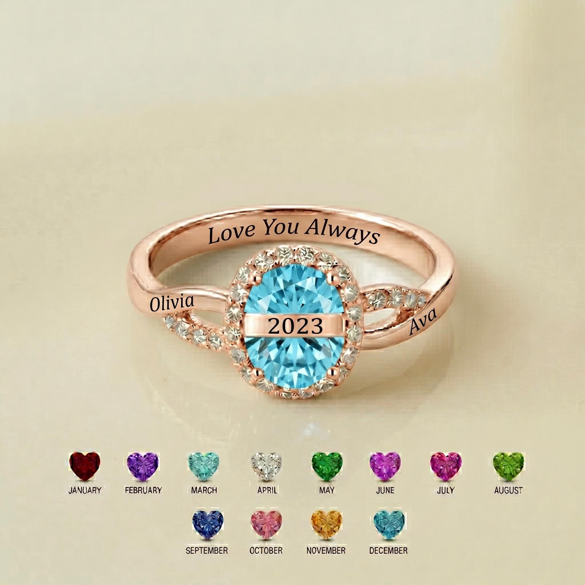 Personalized engraved family birthstone ring with names and dates