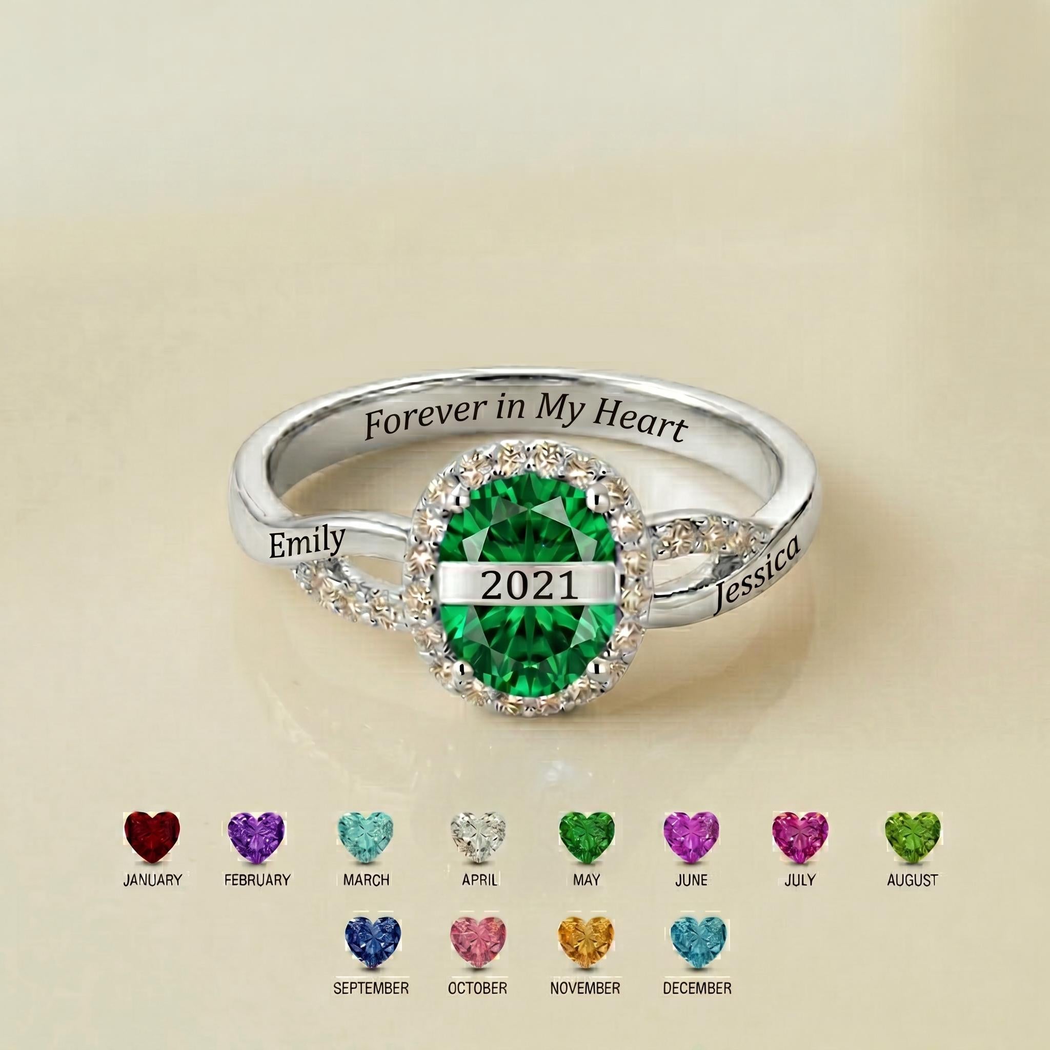 Personalized engraved family birthstone ring with names and dates
