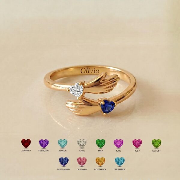 Personalized name and birthstone holding-hands ring