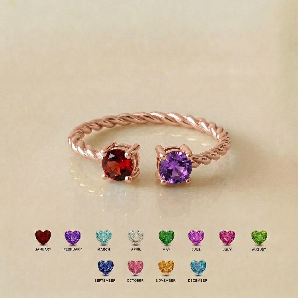 Personalized Two Stone Birthstone Ring | Twisted Band for Mom and Daughter Birthstone Ring | Heartfelt Mother's Day Gift