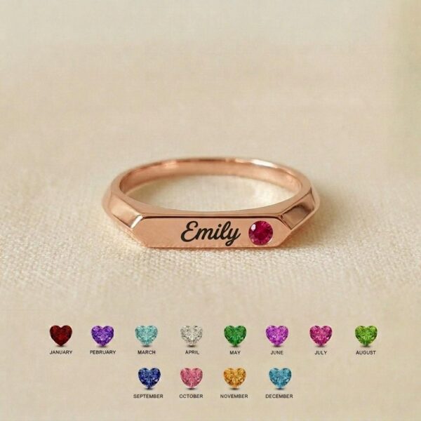 BRS027 engraved name and birthstone signet ring