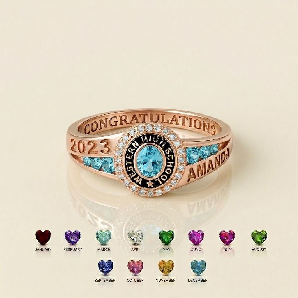 Custom class ring with graduation birthstone detail