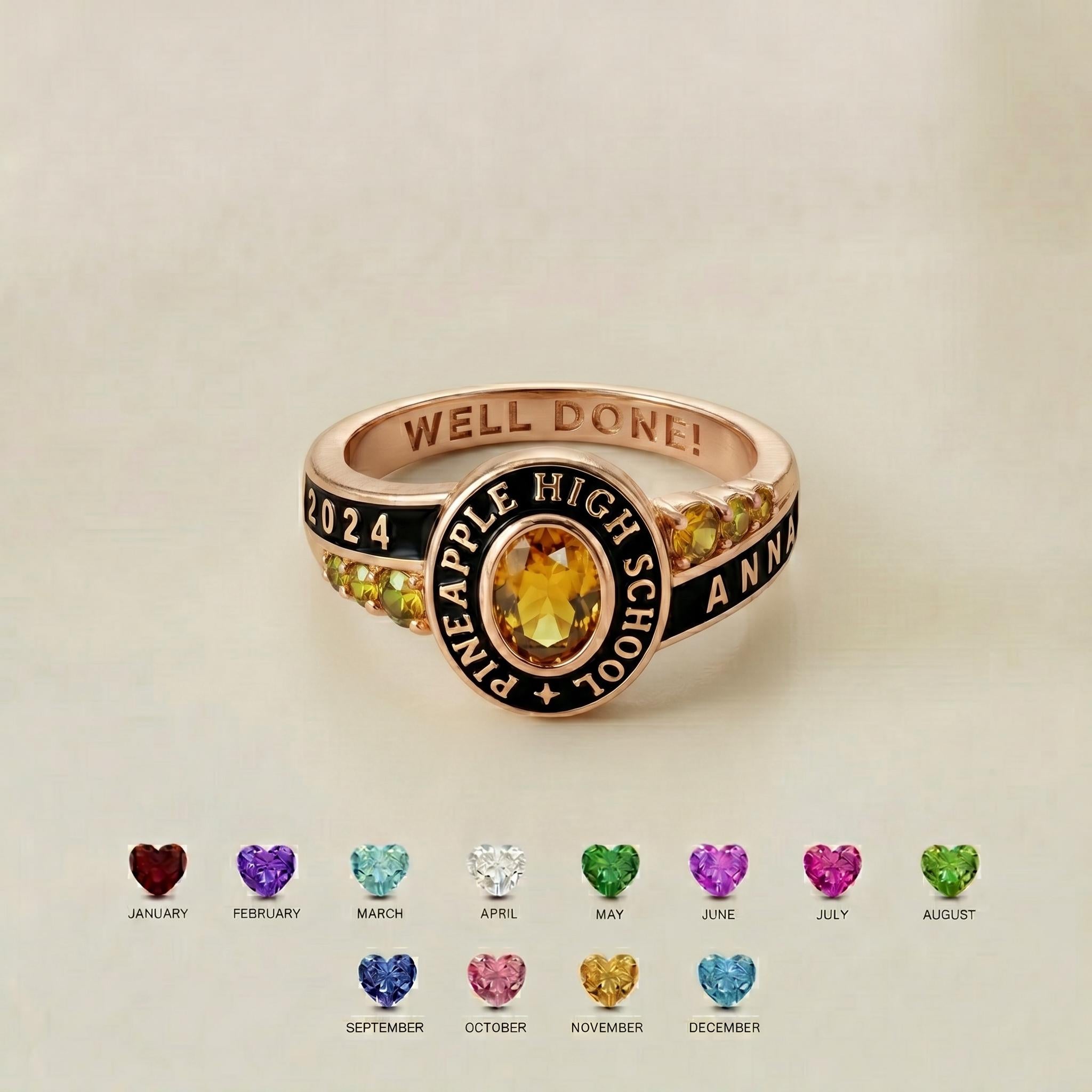 Personalized School Class Graduation Birthstone Ring | Custom Engraved Birthstone Ring For Senior | Elegant Academic Gift | B