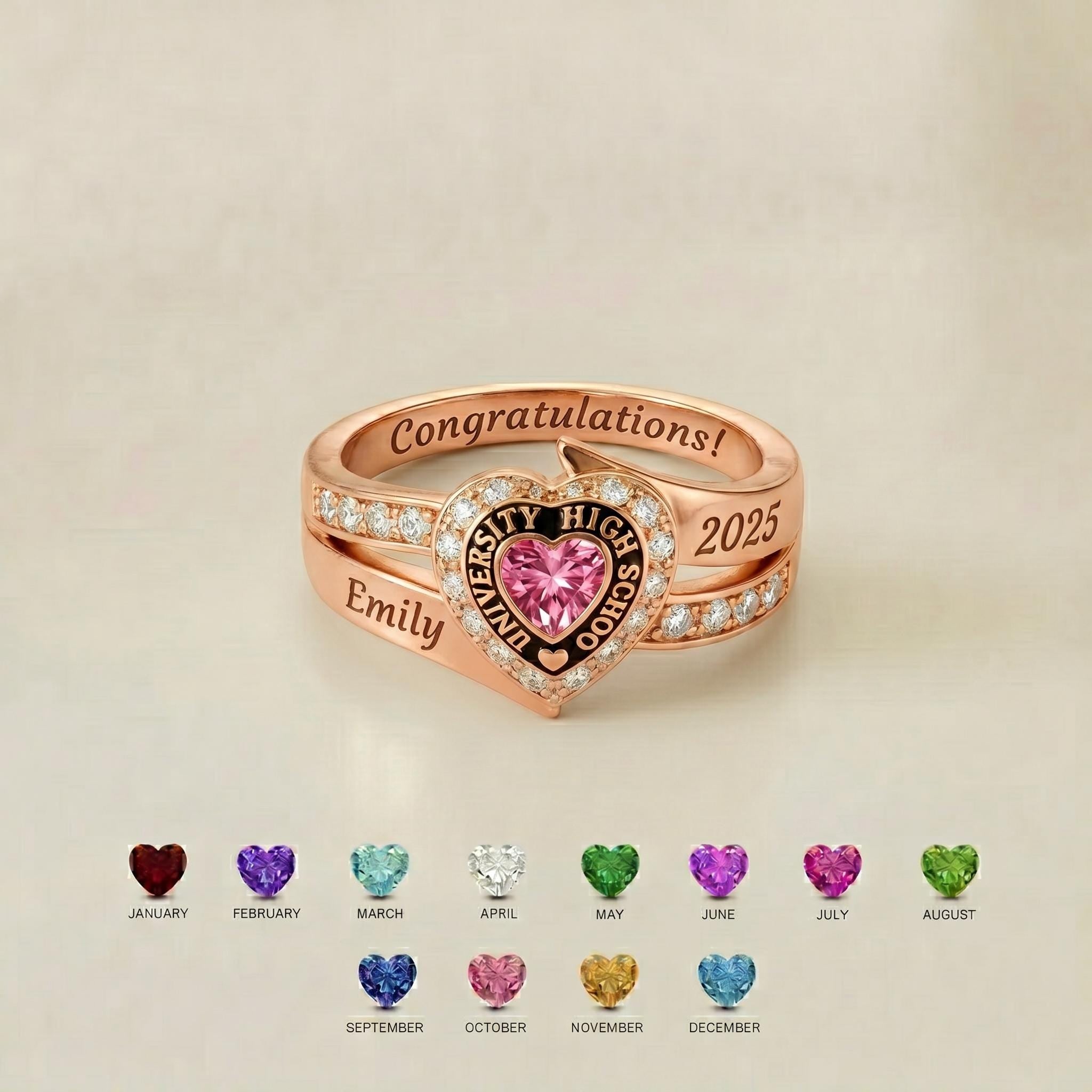Personalized Heart School Class Birthstone Ring | Custom Engraved Graduation Birthstone Ring Gift | Elegant School Jewelry |
