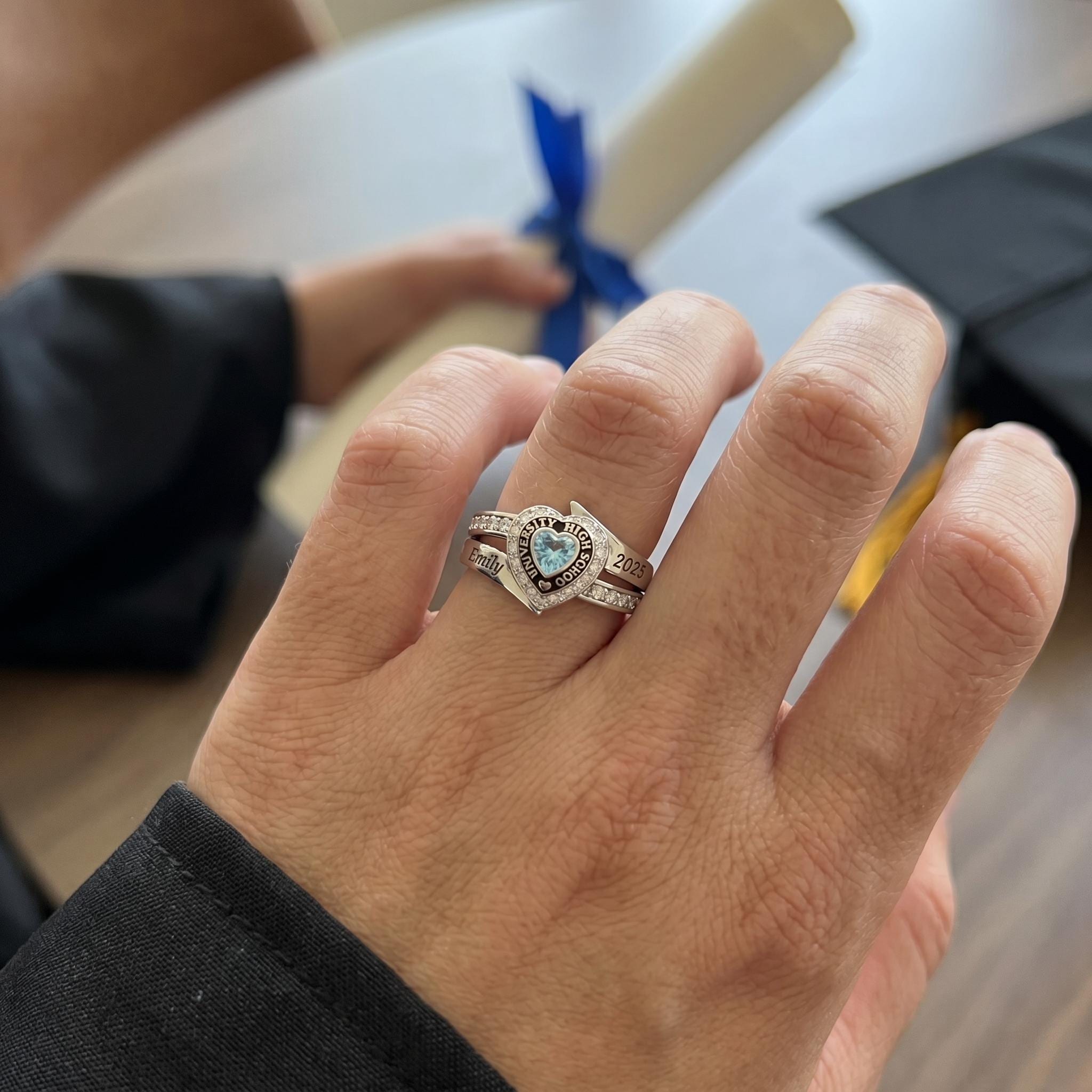 Personalized Heart School Class Birthstone Ring | Custom Engraved Graduation Birthstone Ring Gift | Elegant School Jewelry |