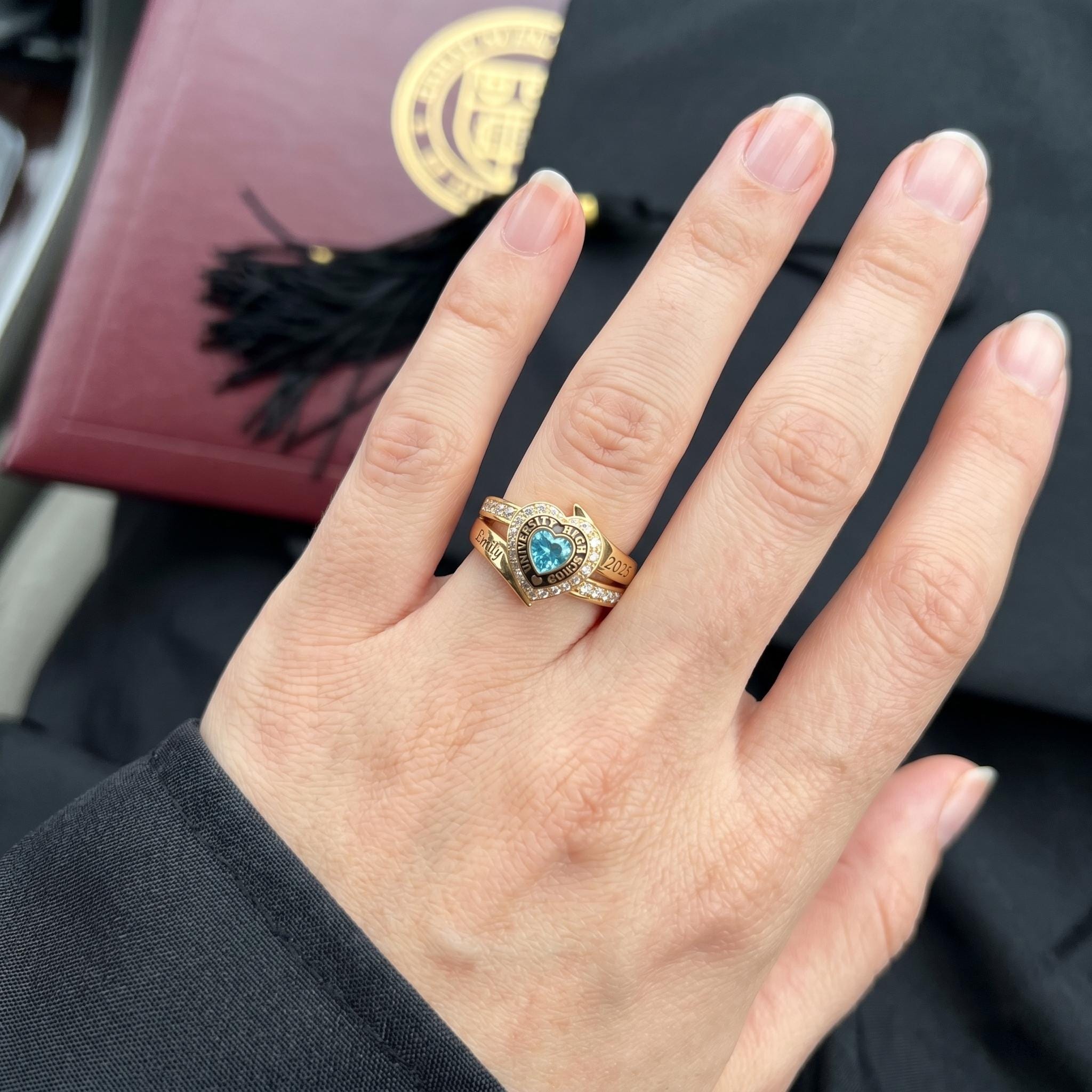 Personalized Heart School Class Birthstone Ring | Custom Engraved Graduation Birthstone Ring Gift | Elegant School Jewelry |