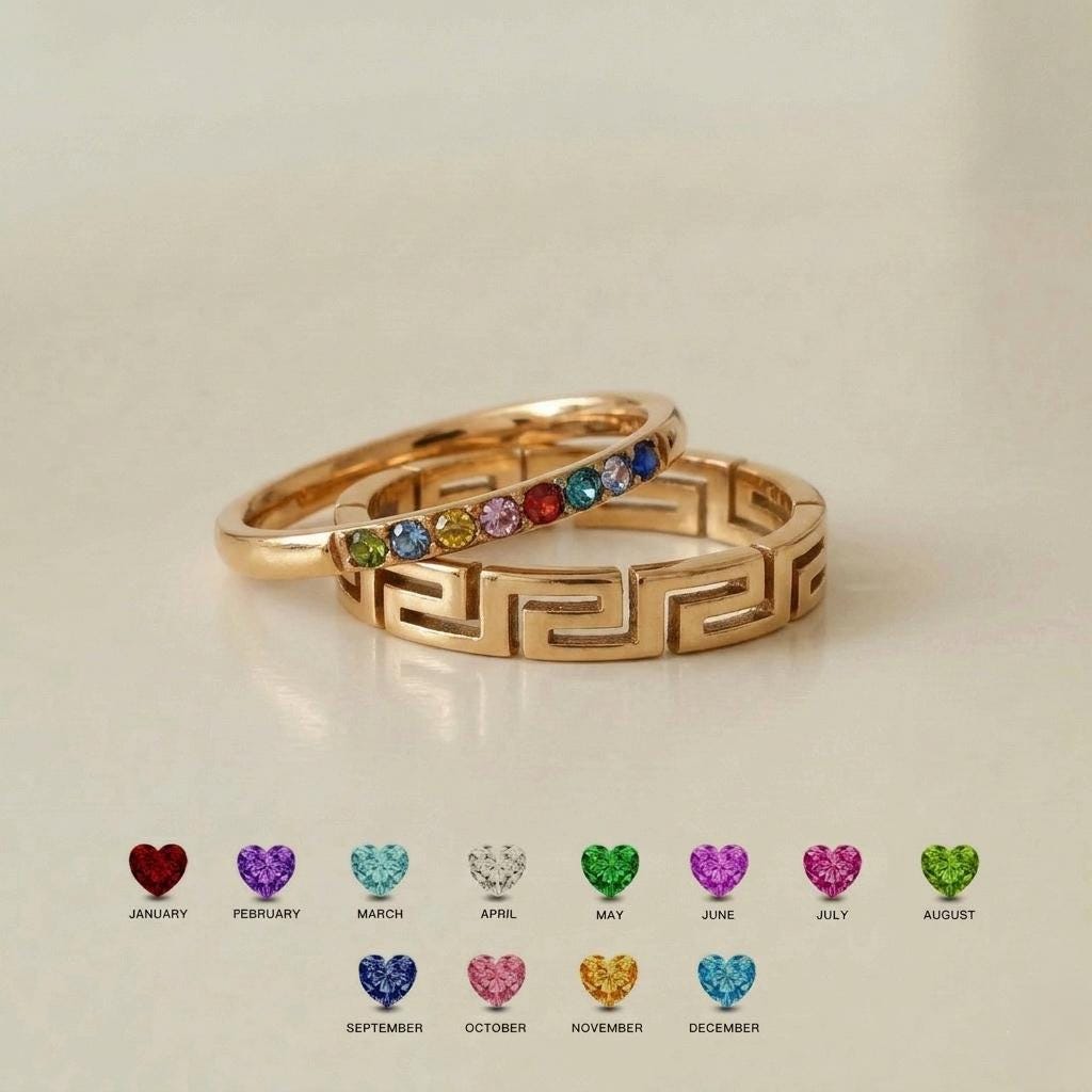 Greek key birthstone ring set design supporting 1–8 personalized stones