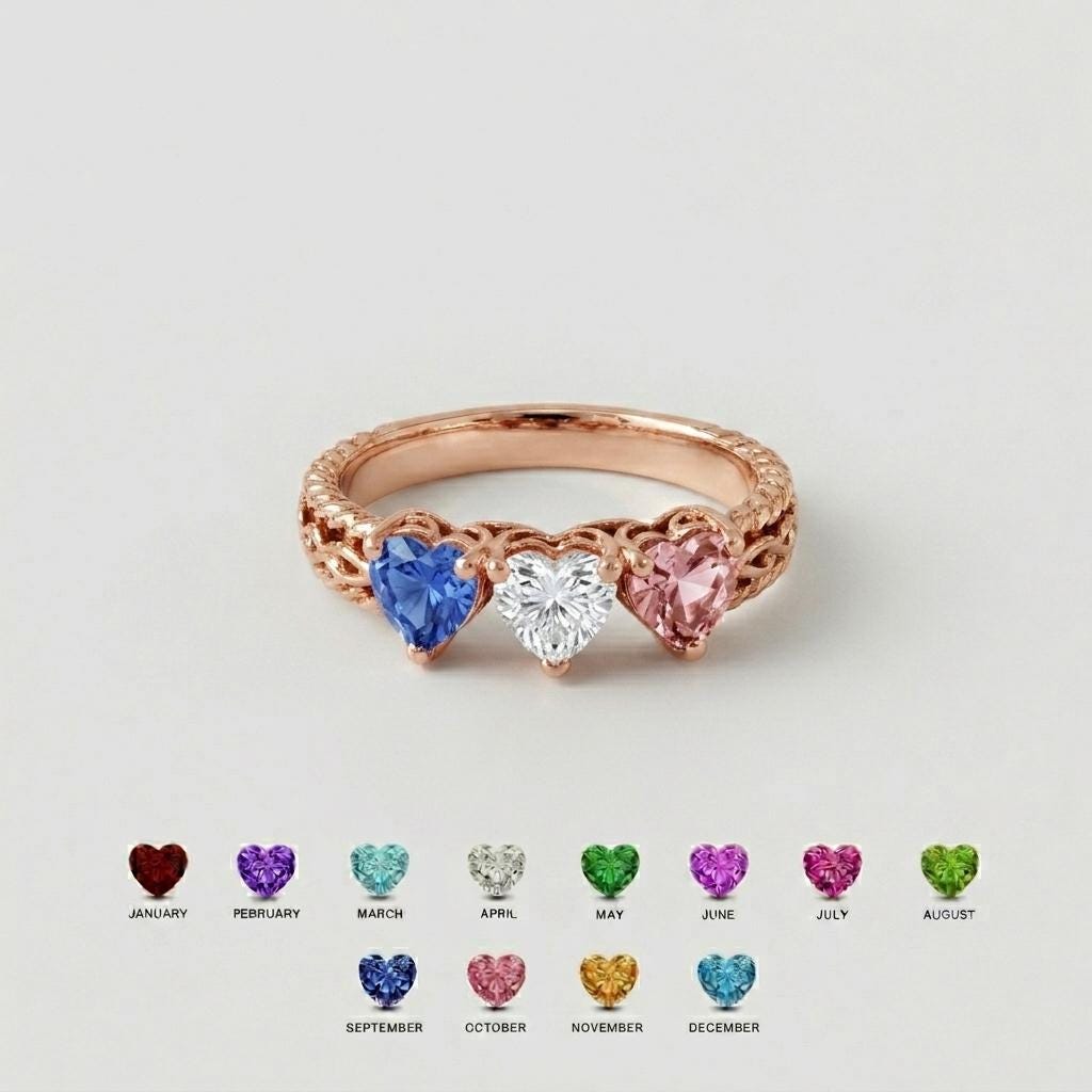 Personalized 3 Birthstone Heart Ring for Mom | Custom Family Ring Gift | Mothers Day Jewelry for Grandma Mother | BRS104