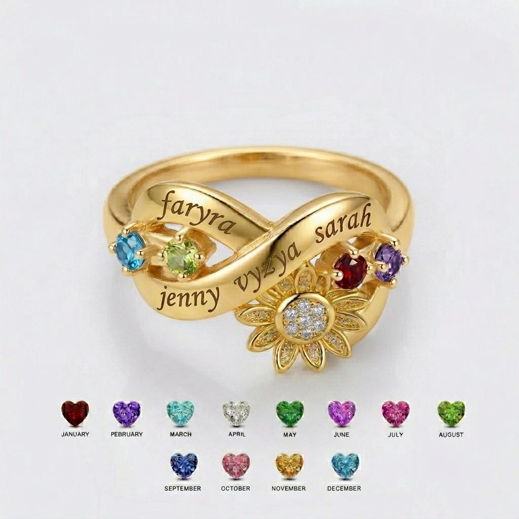 Personalized sunflower name and birthstone family ring