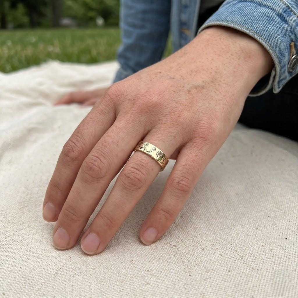 Personalized engraved wildflower ring with custom inner message