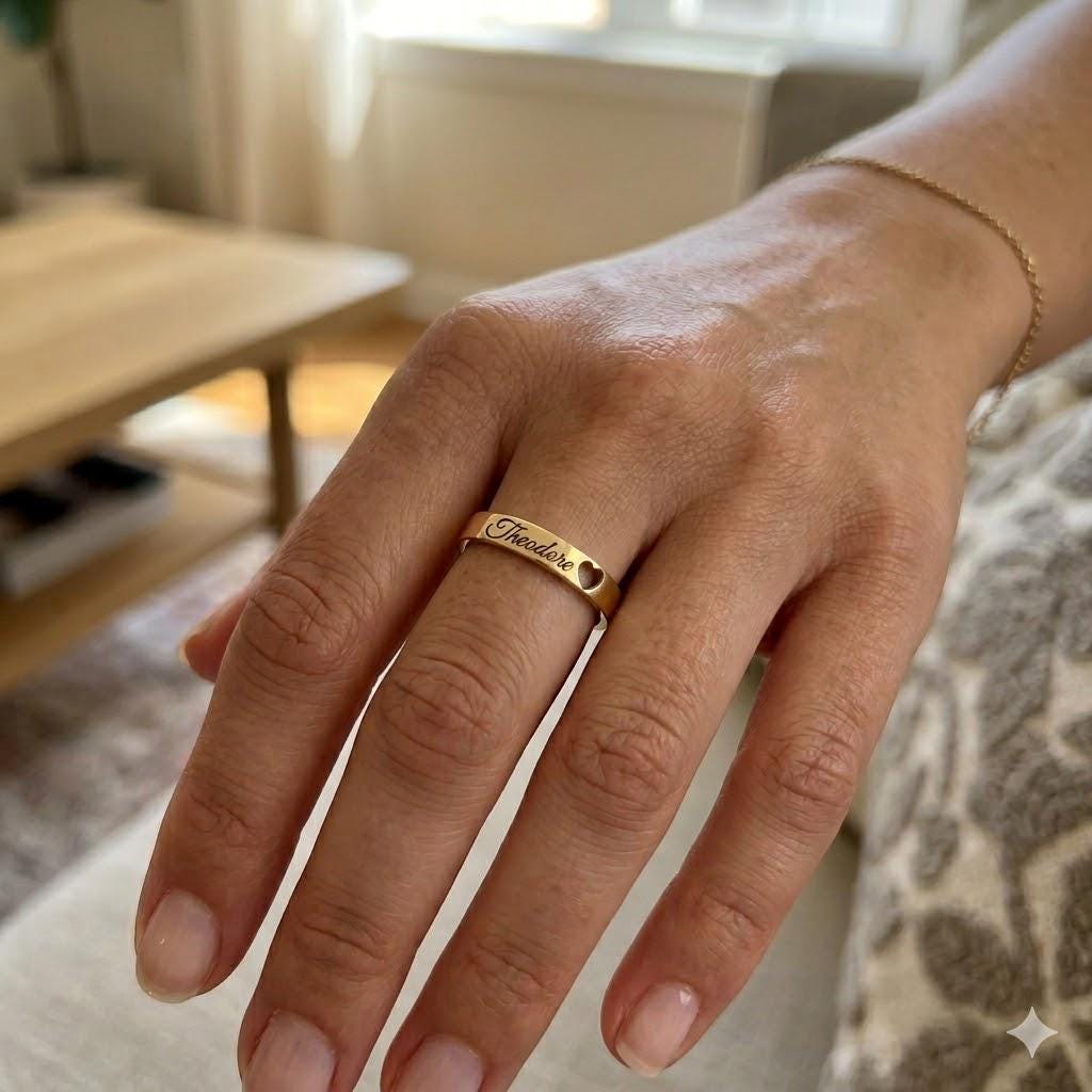 Personalized name and date ring with engraved heart detail