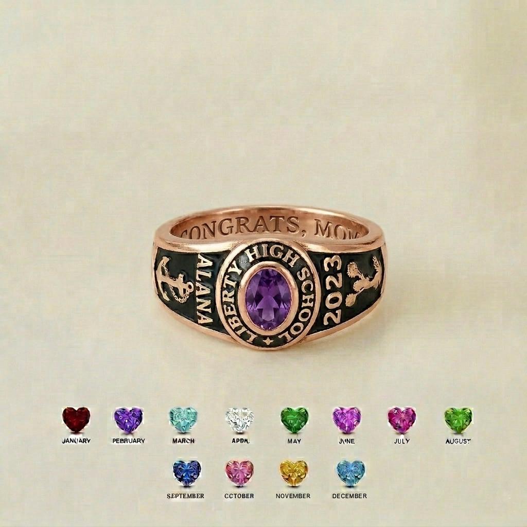 Personalized School Class Birthstone Ring | Custom Graduation Birthstone Jewelry | College Graduation Gift | BRS045
