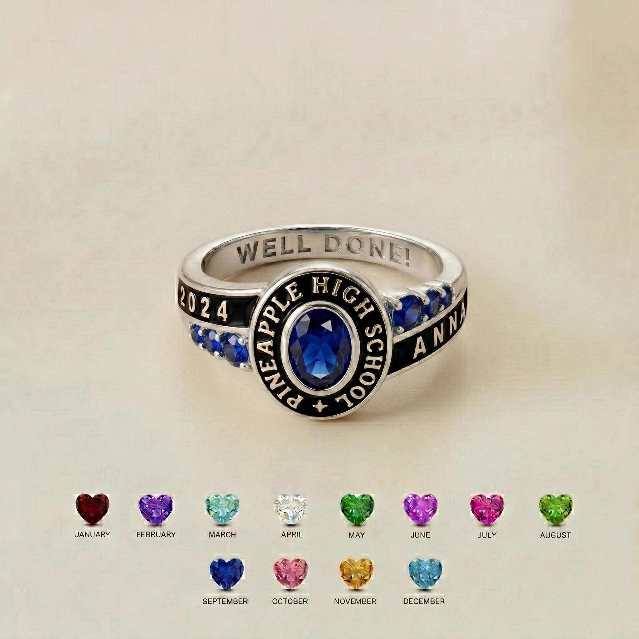 Personalized School Class Graduation Birthstone Ring | Custom Engraved Birthstone Ring For Senior | Elegant Academic Gift | B