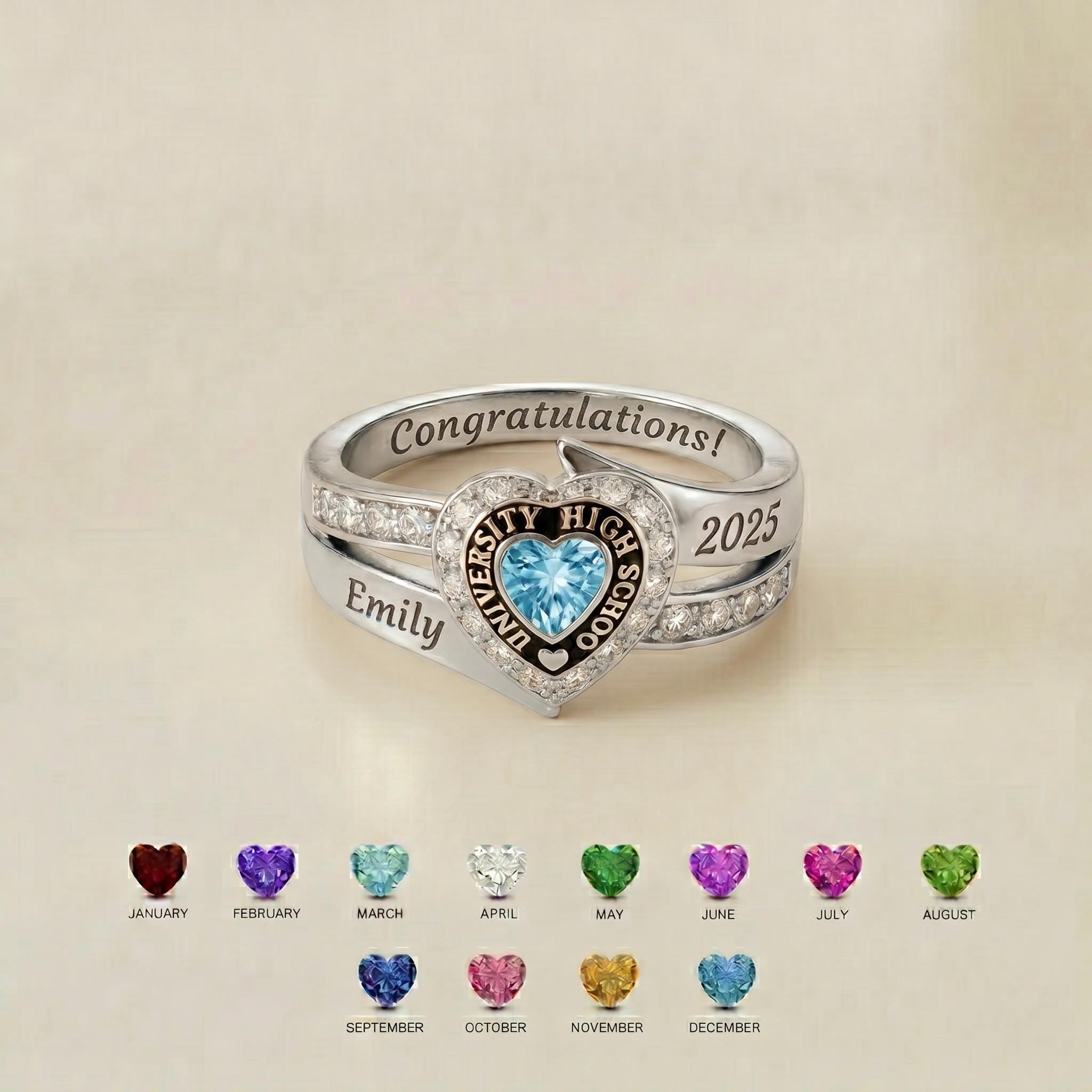 Personalized Heart School Class Birthstone Ring | Custom Engraved Graduation Birthstone Ring Gift | Elegant School Jewelry |
