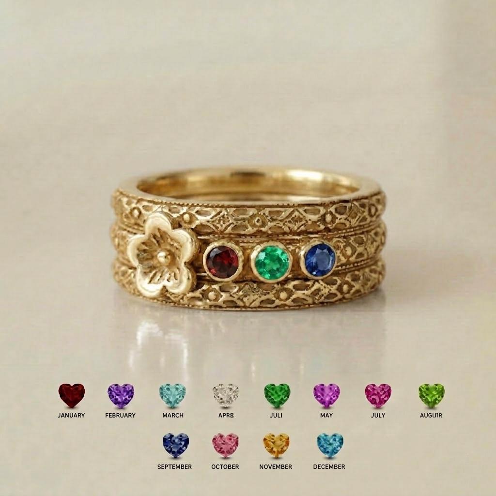 Grandma's Garden floral family ring design supporting 1–8 birthstones