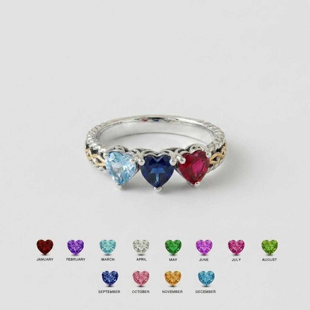 Personalized 3 Birthstone Heart Ring for Mom | Custom Family Ring Gift | Mothers Day Jewelry for Grandma Mother | BRS104