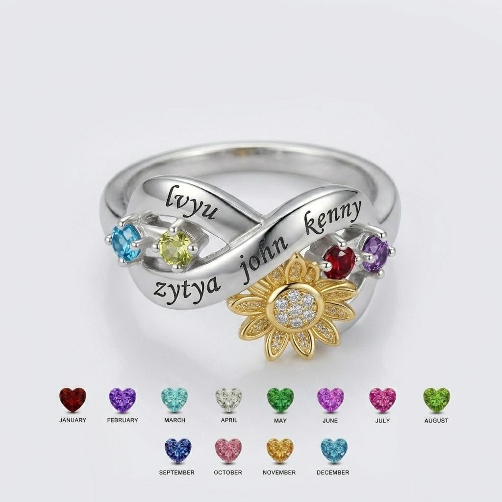 Personalized sunflower name and birthstone family ring