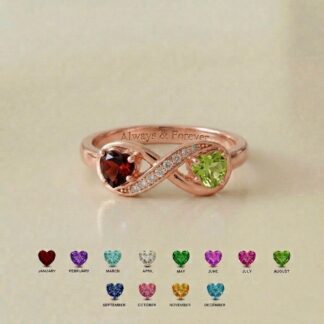 Personalized two-birthstone infinity ring with Always & Forever engraving