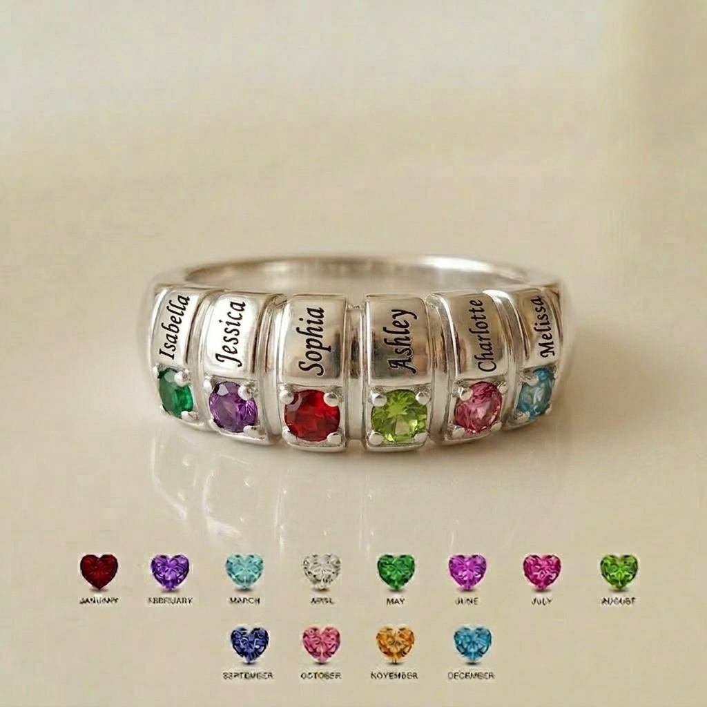 Personalized Six Birthstone Name Ring | Custom Engraved Family Ring for Mother Daughter Jewelry | Meaningful Family Gift | BR