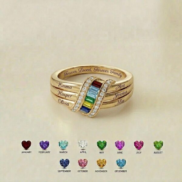 Personalized six-name ribbon birthstone ring